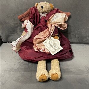 Enesco Holiday Angel Bear with Burgundy and Cream Dress